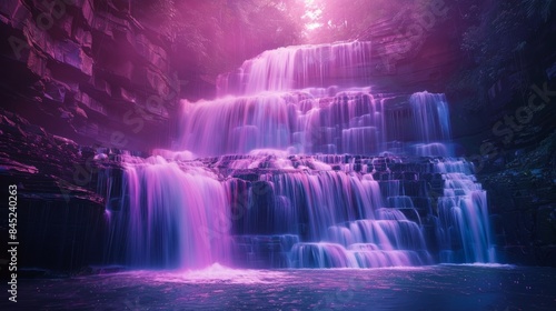 Luminescent Waterfall Rush, Captivating Neon-Accented Nature Power © Yuparet