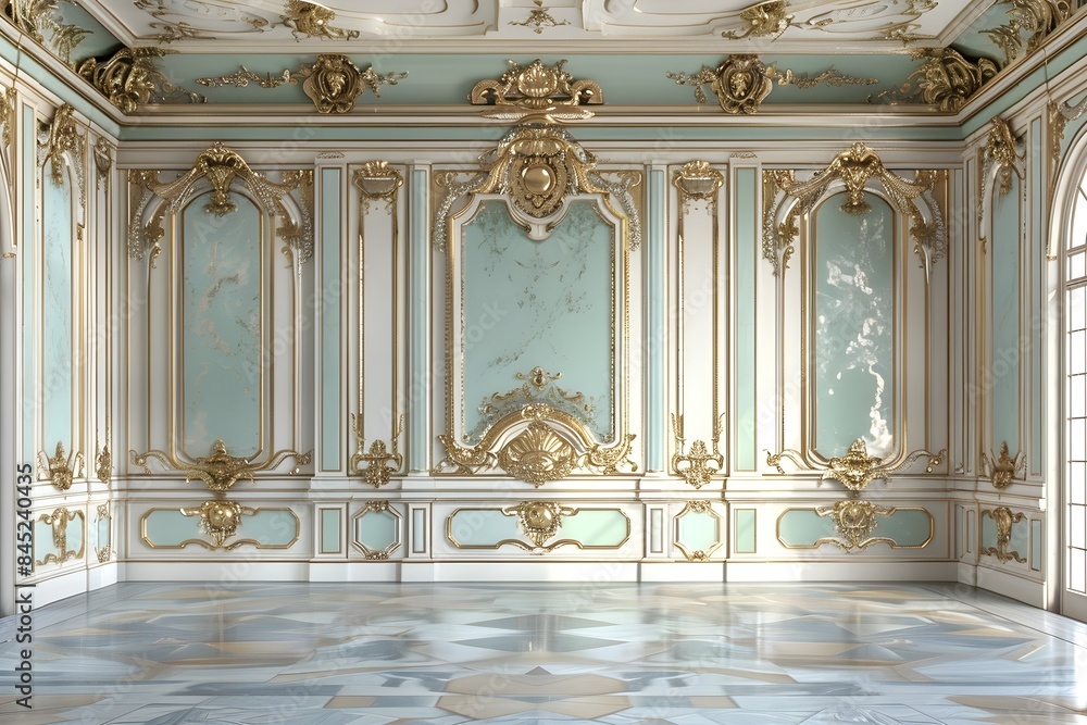 Fototapeta premium Rococo interior palace backdrop, blue and gold panelled walls, ornate moldings.