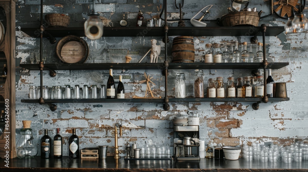 Black shelves hanging on a rustic port wall, decorated with nautical items, a blend of industrial and coastal interior design Black shelves hanging on a rustic port wall, decorated with nautical items, a blend of industrial and coastal interior design