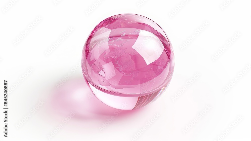 Obraz premium Beautiful pink glass globe 3D emblem, detailed nature-inspired design, isolated on a white background, with soft studio lighting