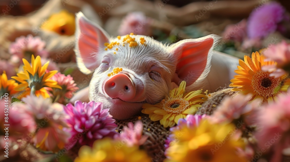 custom made wallpaper toronto digitalSculpt a plump, jubilant piglet frolicking in a field of flowers, snout covered in pollen with a delighted grin.