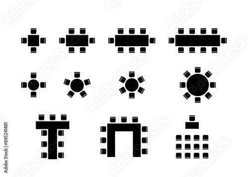Set of plan for arranging place seats for guest in interior, layout graphic black elements. Chairs and tables icons in scheme architectural plan. Office and home furniture, top view. Vector illustrati