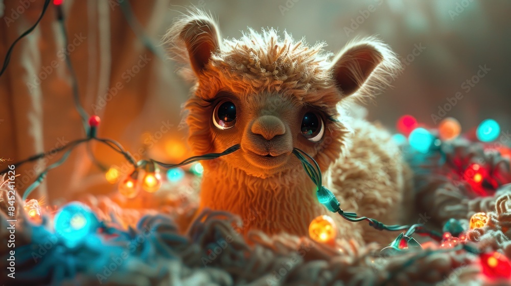 Sculpt a chubby, surprised alpaca with a woolly coat, tangled up in a string of colorful lights. Sculpt a chubby, surprised alpaca with a woolly coat, tangled up in a string of colorful lights.