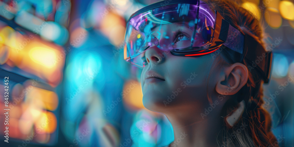 A young girl wearing an augmented reality headset, exploring a virtual world with vibrant and colorful light effects around her. A young girl wearing an augmented reality headset, exploring a virtual world with vibrant and colorful light effects around her.