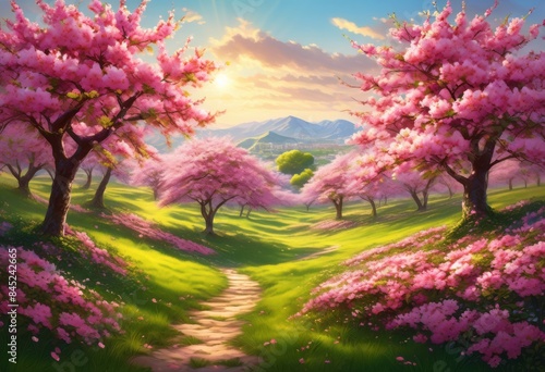 blooming cherry trees lush spring meadow landscape, blossom, pink, flowers, green, grass, nature, scenery, vibrant, blossoms, colorful, outdoors, serene