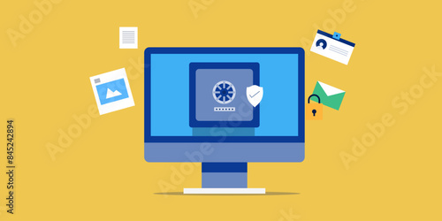 Online data storage and safety, digital vault shield protection cyber security concept, vector illustration.