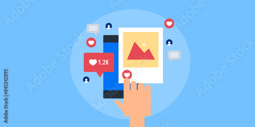 User hand clicks on heart icon, social media reaction audience engagement on mobile app concept, vector illustration.