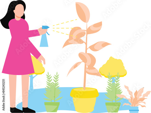 A girl is watering plants with a shower.
