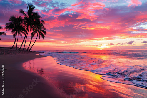 Vibrant sunset over a tropical beach with palm trees and gentle waves