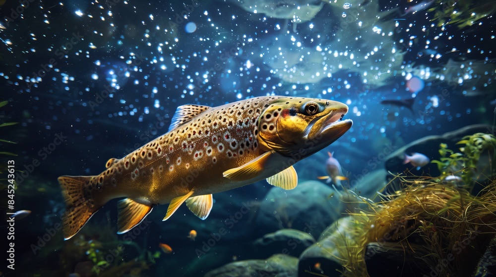 Fototapeta premium Detailed view of a big trout beneath the water surface of a peaceful lake, with a starry night sky above