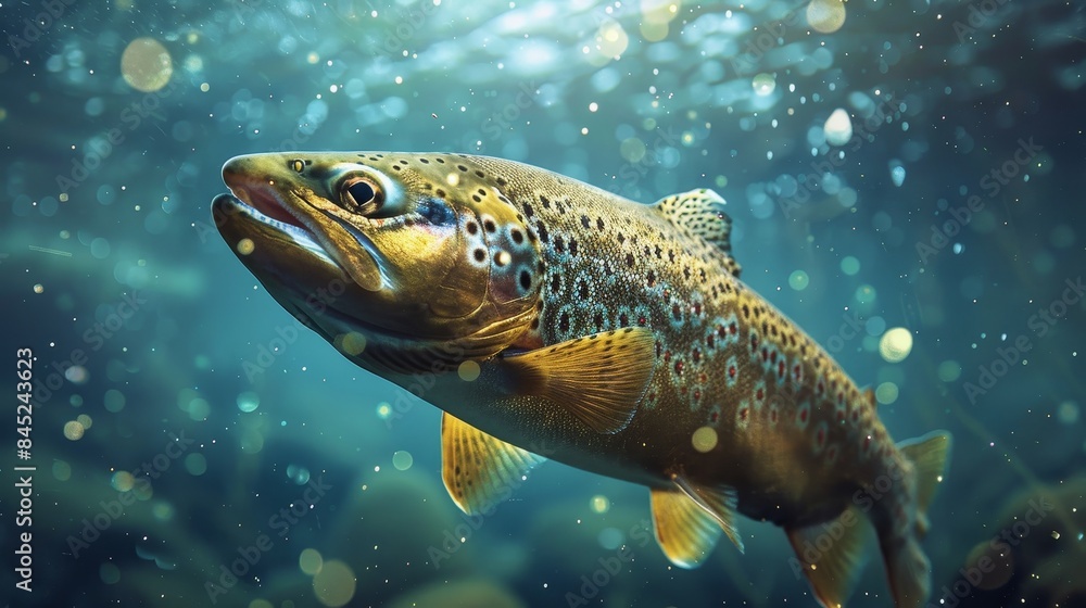 Fototapeta premium Detailed view of a big trout beneath the water surface of a peaceful lake, with a starry night sky above