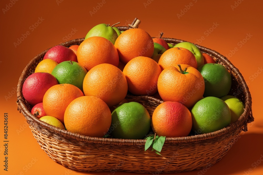 Neon fruit leathers woven into a basket on a vivid orange background Neon fruit leathers woven into a basket on a vivid orange background