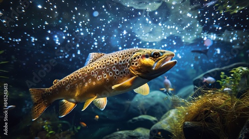 Detailed view of a big trout beneath the water surface of a peaceful lake, with a starry night sky above