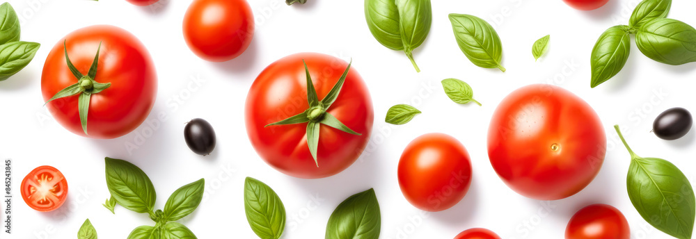 Fresh red tomatoes, basil leaves, black olives isolated on white, wide banner format, perfect for food blogs, menus or recipe websites Fresh red tomatoes, basil leaves, black olives isolated on white, wide banner format, perfect for food blogs, menus or recipe websites