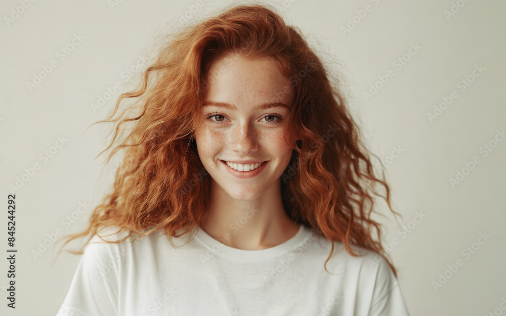 Joyful young woman with vibrant red curls, casual white shirt, embodying cheerful elegance, youthful fashion, bright hair color, natural light setting, simple white background Joyful young woman with vibrant red curls, casual white shirt, embodying cheerful elegance, youthful fashion, bright hair color, natural light setting, simple white background