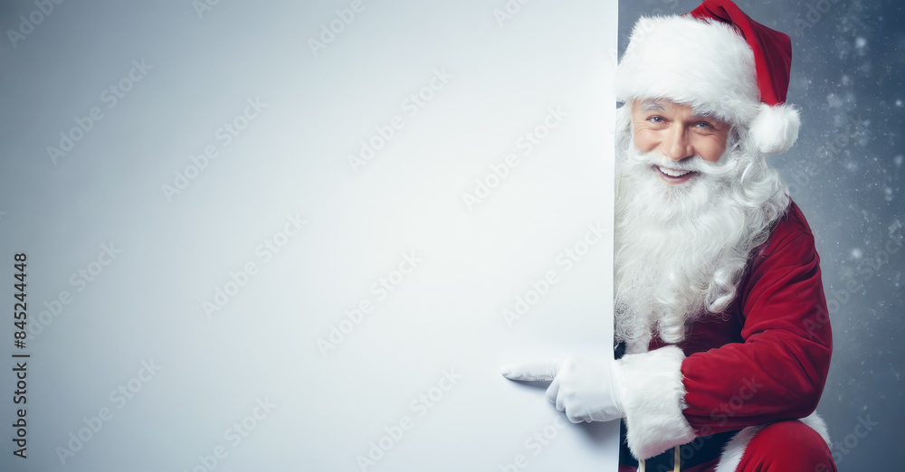 Santa Claus in festive attire sitting with object in hand, blurred cool tone background, symbolizing holiday season, Christmas celebration, gift-giving tradition, winter theme Santa Claus in festive attire sitting with object in hand, blurred cool tone background, symbolizing holiday season, Christmas celebration, gift-giving tradition, winter theme