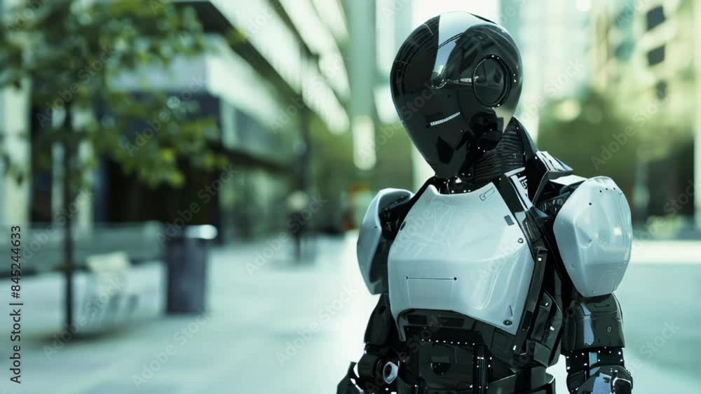 A futuristic humanoid robot in an urban setting A futuristic humanoid robot in an urban setting
