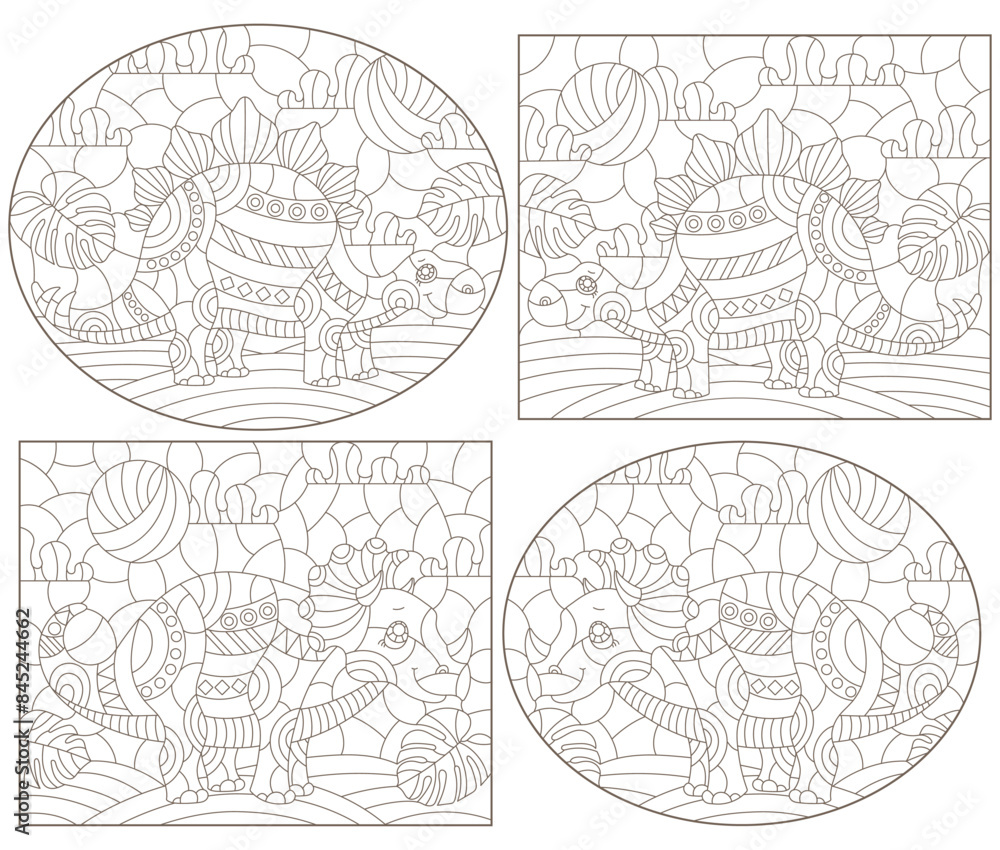 Set of contour illustrations in the style of stained glass with cute dinosaurs, dark contours on a white background Set of contour illustrations in the style of stained glass with cute dinosaurs, dark contours on a white background