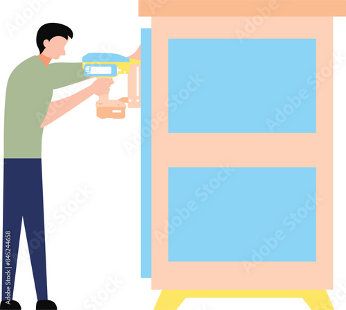 The boy works as a carpenter at home.