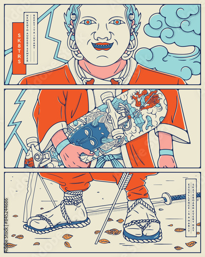 Japanese urban samurai skater with a kabuki mask holding a skateboard