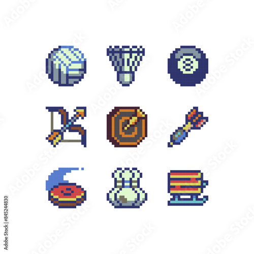 Sport pixel art style icons set, emoji. 8-bit sprite. Design for logo game, sticker, web, mobile app, badges and patches. Isolated vector illustration. Game assets.