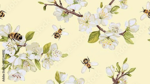 Horizontal banner. Watercolor seamless pattern with white flowers and bees on a light yellow background. For invitations, cards, labels, menus, packaging design, fabrics, wallpaper. Copy space