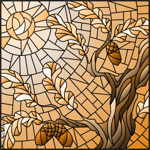 Illustration in the style of stained glass with autumn oak branches on a background of sky and sun