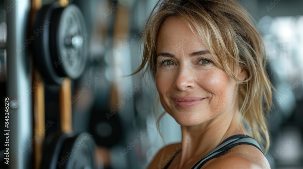 Obraz premium Woman Smiling During Gym Workout in Front of Weights
