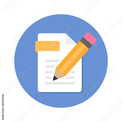 Pencil with notepad icon. Writing tasks, remind or checklist. Sketchbook or diary for education or work. Pencil with laptop. Flat design writing concept. Vector