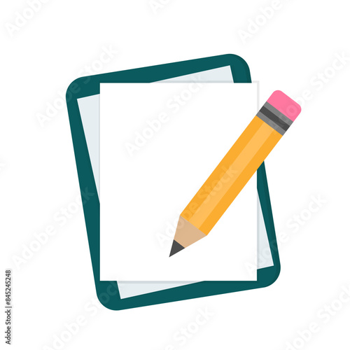 Pencil with notepad icon. Writing tasks, remind or checklist. Sketchbook or diary for education or work. Pencil with laptop. Flat design writing concept. Vector