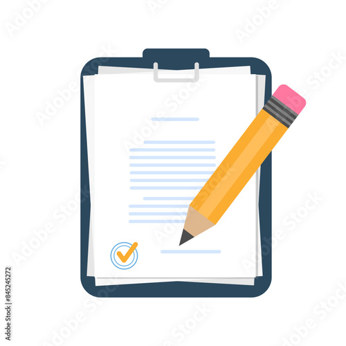 Pencil with notepad icon. Writing tasks, remind or checklist. Sketchbook or diary for education or work. Pencil with laptop. Flat design writing concept. Vector
