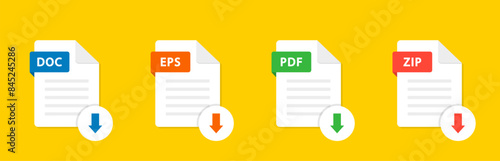 File type icons. Set of pdf, doc, jpg, zip. Collection colored icons for download on computer. Graphic templates for ui. Document types in flat style. Vector illustration. EPS 10