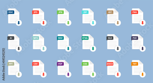 File type icons. Set of pdf, doc, jpg, zip. Collection colored icons for download on computer. Graphic templates for ui. Document types in flat style. Vector illustration. EPS 10