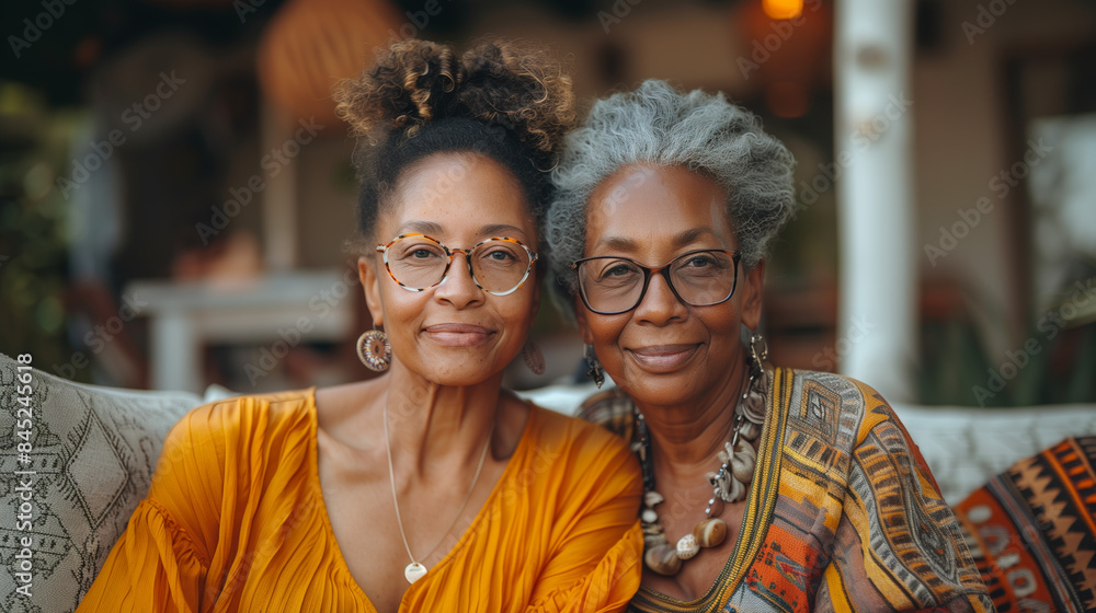 two happy middle aged black african american women wearing casual clothes sitting on a sofa in a modern backyard two happy middle aged black african american women wearing casual clothes sitting on a sofa in a modern backyard