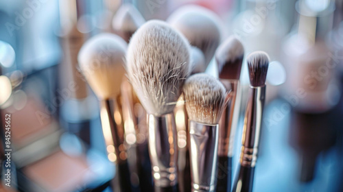 A detailed shot of various makeup brushes, showcasing their textures and bristle types, arranged artistically on a reflective surface.