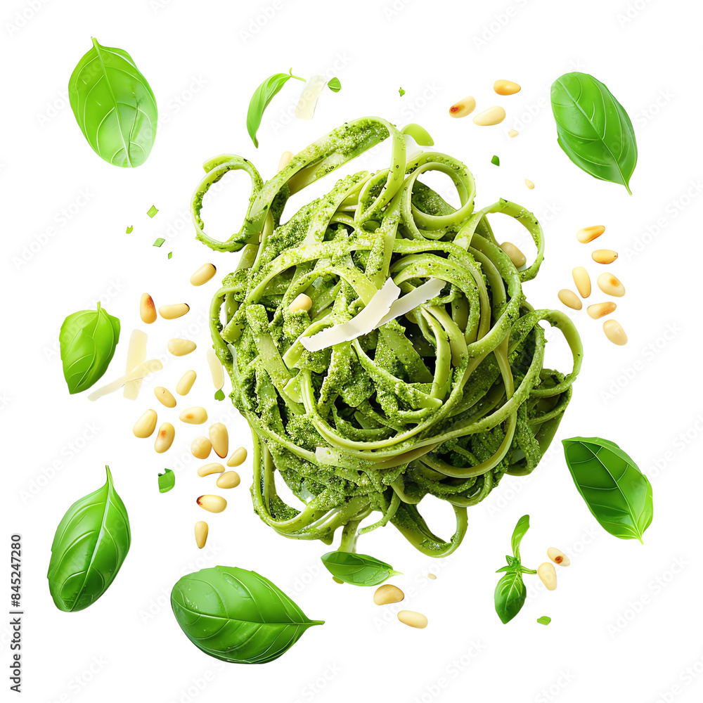 Obraz premium Delicious fresh pasta with pesto sauce, garnished with basil leaves and pine nuts. Perfect for an Italian cuisine theme.