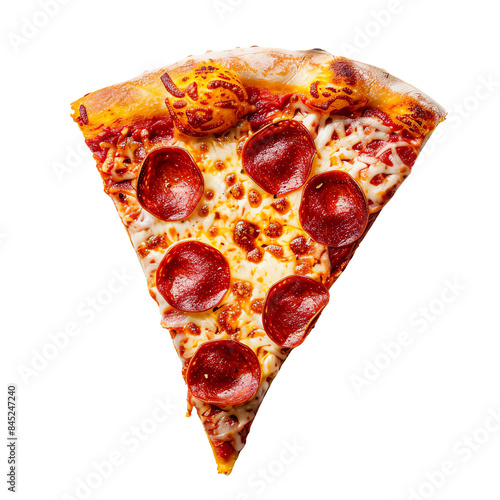 Close-up image of a delicious pepperoni pizza slice with melted cheese and crispy crust. Perfect for food blogs and culinary promotions. photo