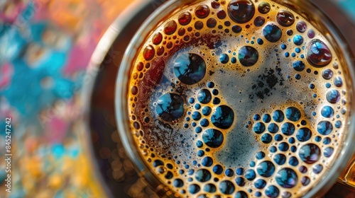 Close up view of frothy coffee with colorful bubbles