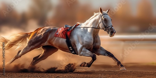 Slow shutter speed rendering of racing horse and jockey with deliberate high saturation photo