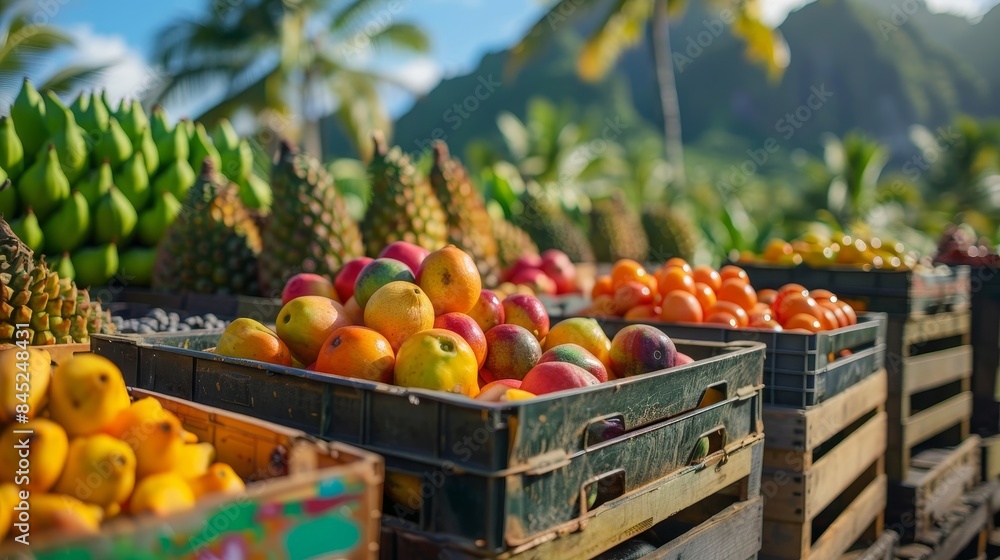 Crates packed with exotic tropical fruits, ready for distribution, set against a backdrop of tropical landscapes Crates packed with exotic tropical fruits, ready for distribution, set against a backdrop of tropical landscapes