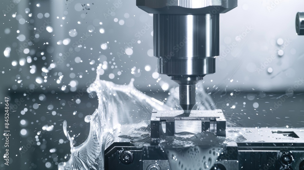 CNC milling machine in action on a steel part Metal cutting process CNC milling machine in action on a steel part Metal cutting process