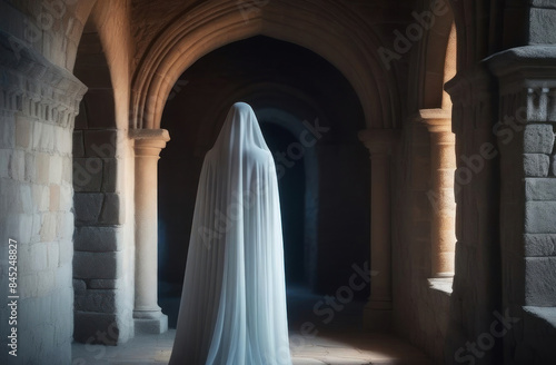 A mysterious figure draped in white stands hauntingly in an ancient stone archway