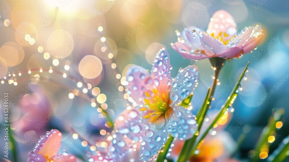 Dew-covered spring flowers in a spectrum of soft pastels, sparkling under the morning sun, capturing the freshness and beauty of nature. Dew-covered spring flowers in a spectrum of soft pastels, sparkling under the morning sun, capturing the freshness and beauty of nature.