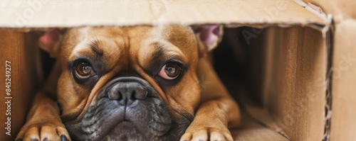 France bulldog stuck inside a cardboard box, trying to get out with a funny struggle photo