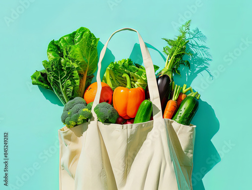 Bag filled fresh vegetables fruits, including tomatoes, peppers, against turquoise background photo