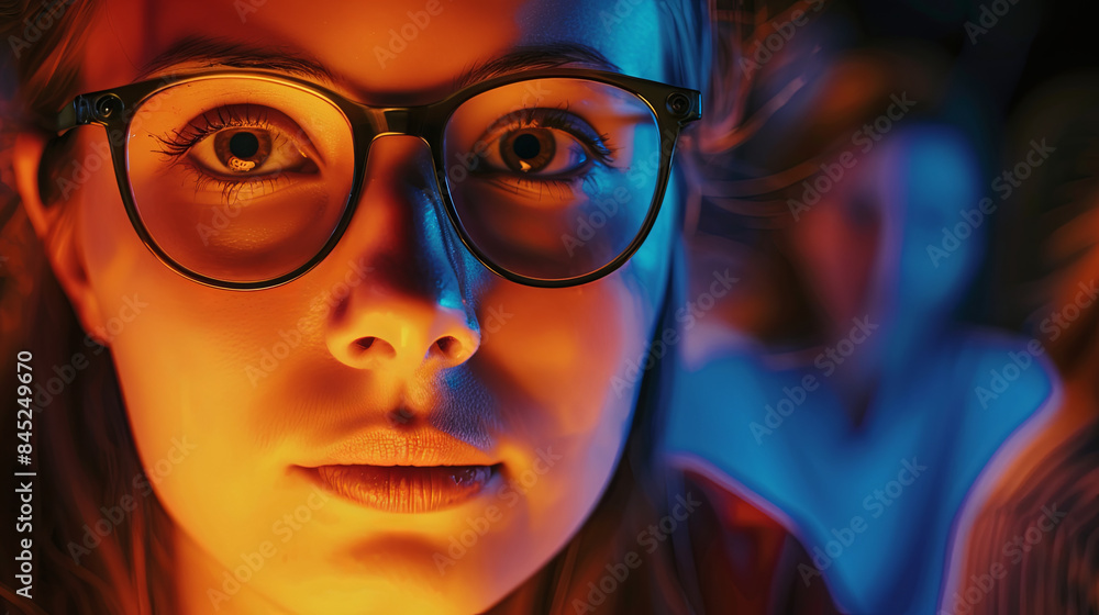 Obraz premium close up portrait of a young woman with glasses in the cinema, generative AI