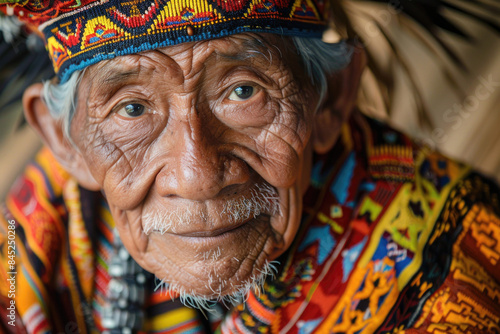 An elder man with a serene expression, wearing traditional clothing and headgear