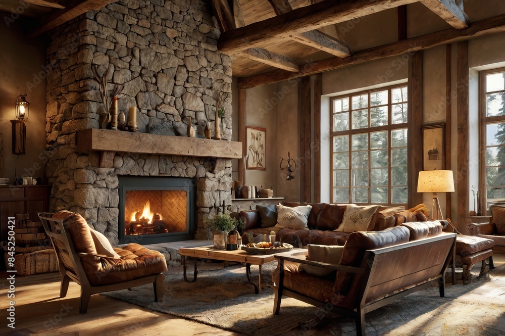 Rustic design interior wooden beams, stone walls, with comfortable leather furniture, a large stone fireplace, wooden flooring, seating with wool blankets, throw pillows, antlers and vintage lanterns Rustic design interior wooden beams, stone walls, with comfortable leather furniture, a large stone fireplace, wooden flooring, seating with wool blankets, throw pillows, antlers and vintage lanterns