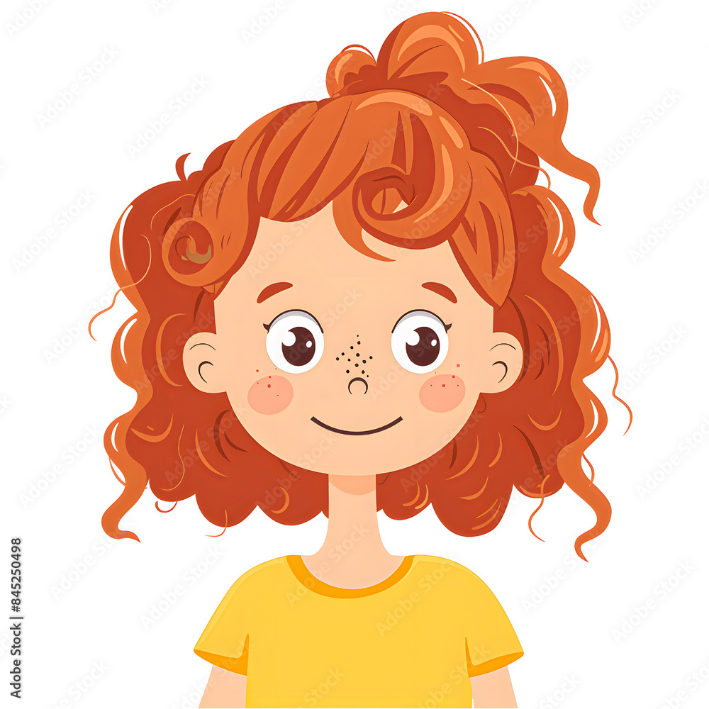 Cute cartoon illustration of a red-haired girl with freckles isolated on transparency background, PNG cut out, wearing a yellow shirt, smiling happily. Perfect for children's content. Cute cartoon illustration of a red-haired girl with freckles isolated on transparency background, PNG cut out, wearing a yellow shirt, smiling happily. Perfect for children's content.