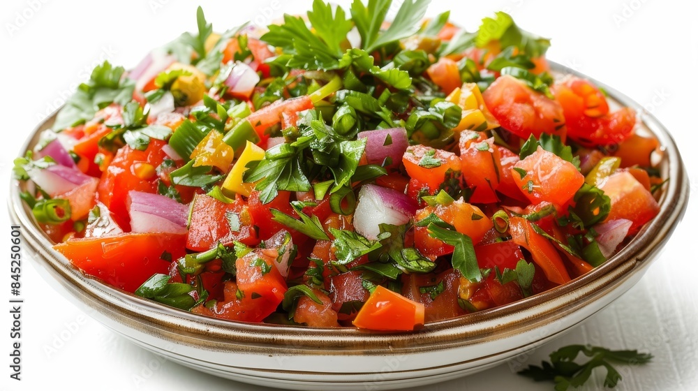 Colorful cooked salsa with chunks of tomatoes, onions, chilies, and cilantro, top view on a white background, illuminated by studio lighting Colorful cooked salsa with chunks of tomatoes, onions, chilies, and cilantro, top view on a white background, illuminated by studio lighting